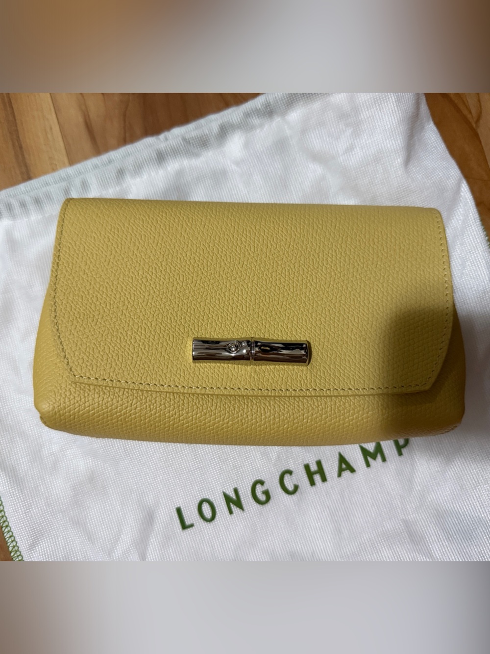 Longchamp Lemon Yellow Pebbled Leather Wallet with Silver Accent